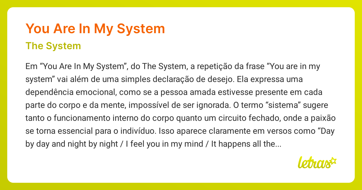 Significado da música YOU ARE IN MY SYSTEM (The System) - LETRAS.MUS.BR