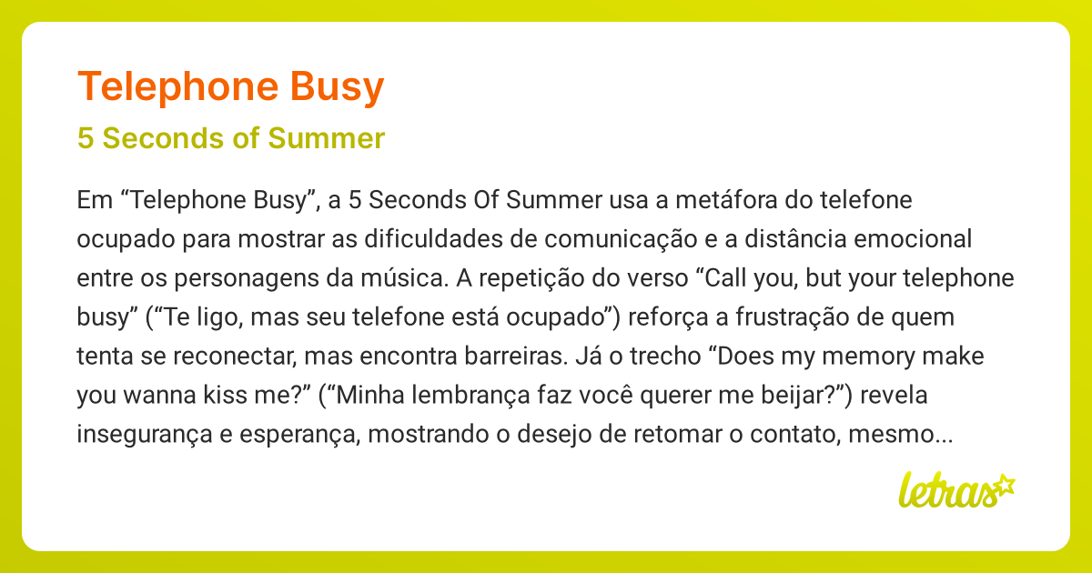 Significado da música TELEPHONE BUSY (5 Seconds of Summer) - LETRAS.MUS.BR