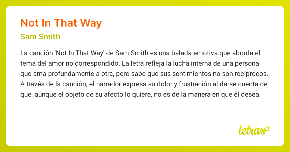 Significado de la canción NOT IN THAT WAY (Sam Smith) - LETRAS.COM