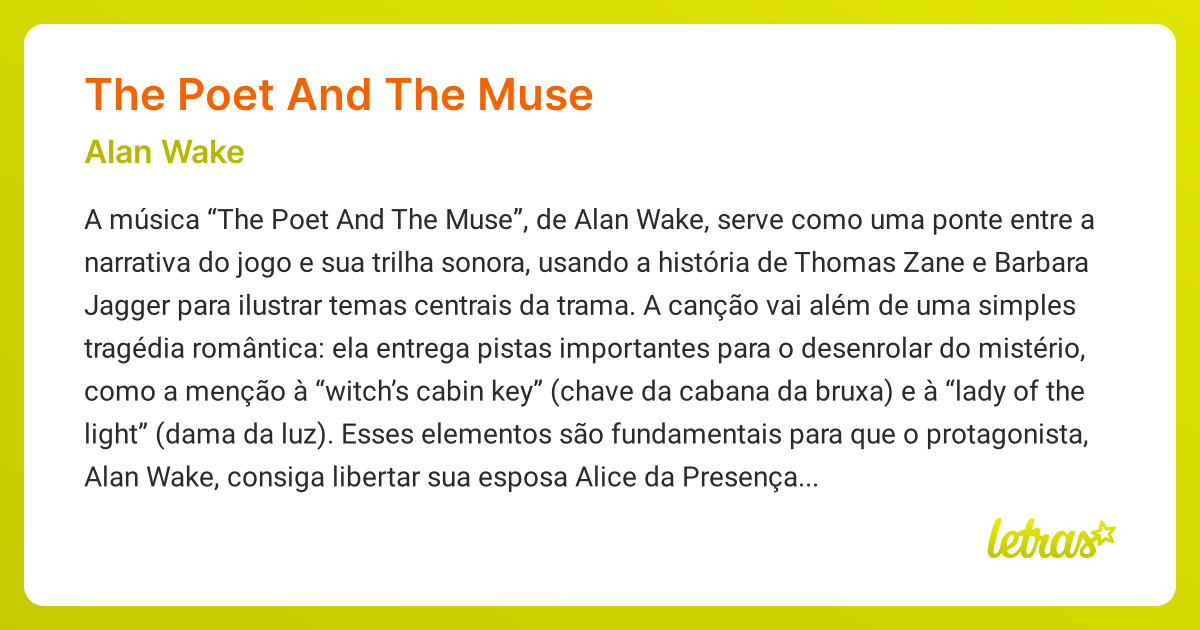 Significado da música THE POET AND THE MUSE (Alan Wake) - LETRAS.MUS.BR