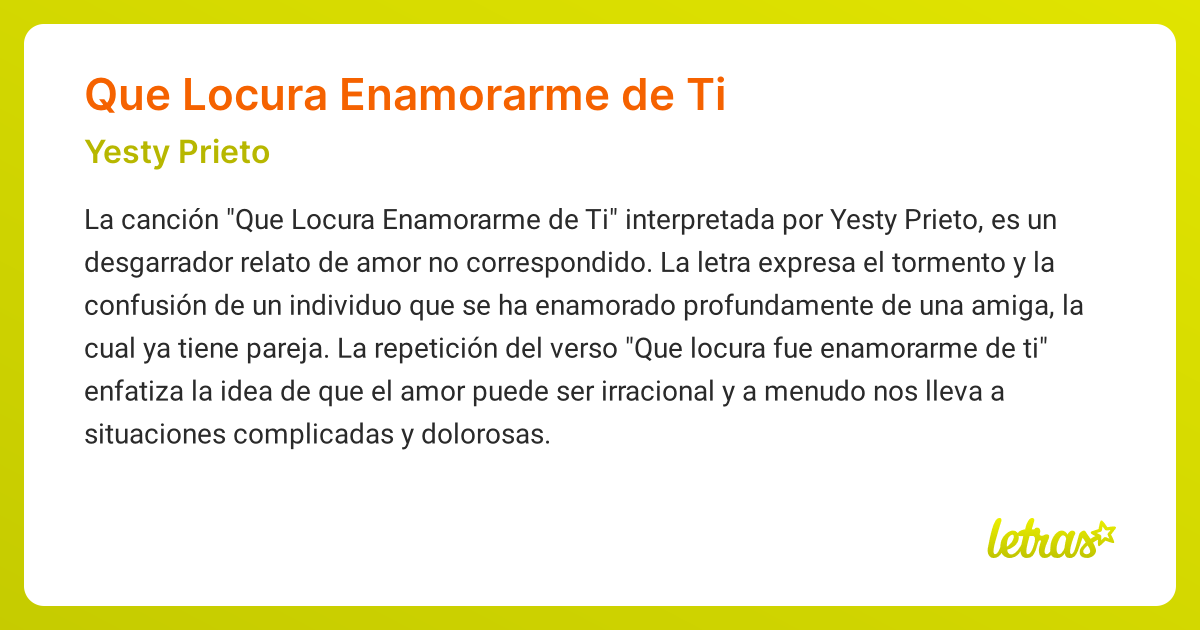 Significado de la canción QUE LOCURA ENAMORARME DE TI (Yesty Prieto ...