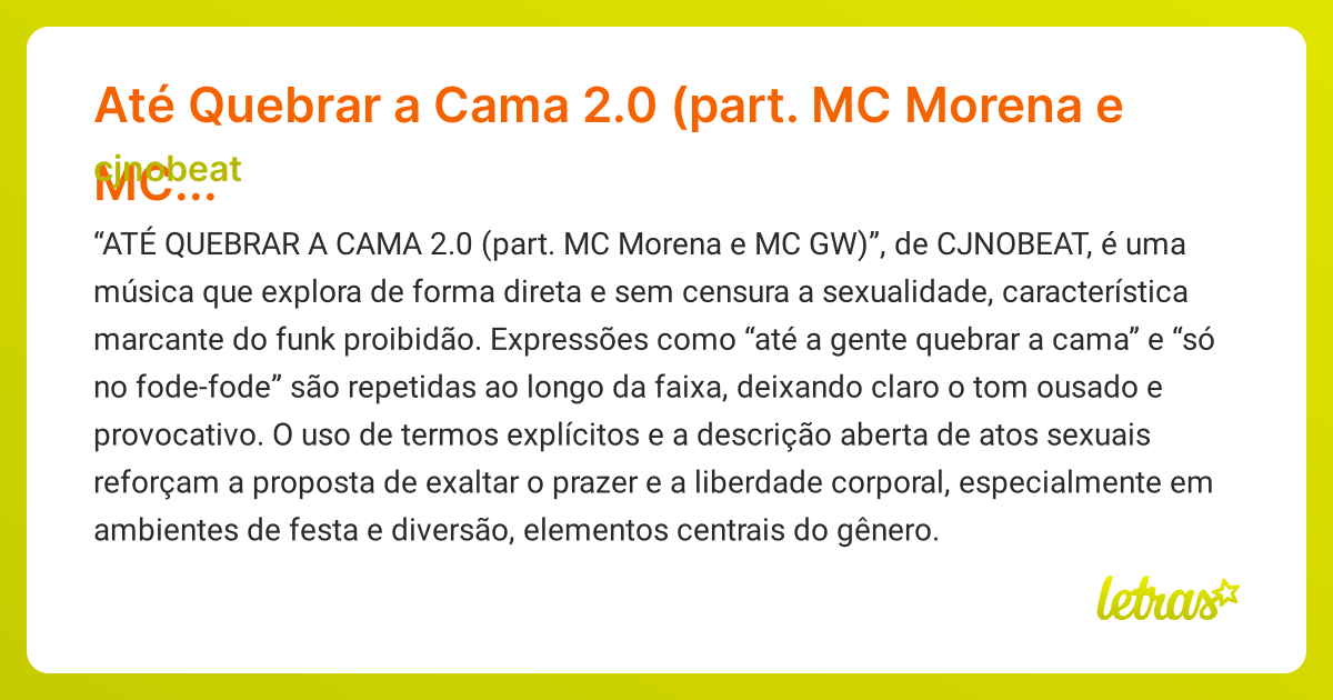 Significado da música Até Quebrar a Cama 2.0 (part. MC Morena e MC GW ...