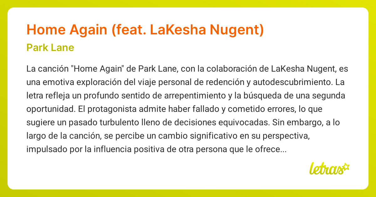 Significado de la canción Home Again (feat. LaKesha Nugent) (Park Lane ...