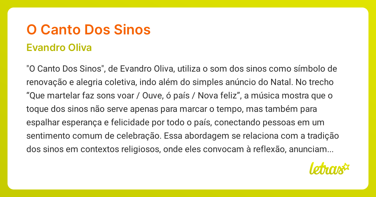 Significado da música O CANTO DOS SINOS (Evandro Oliva ) - LETRAS.MUS.BR