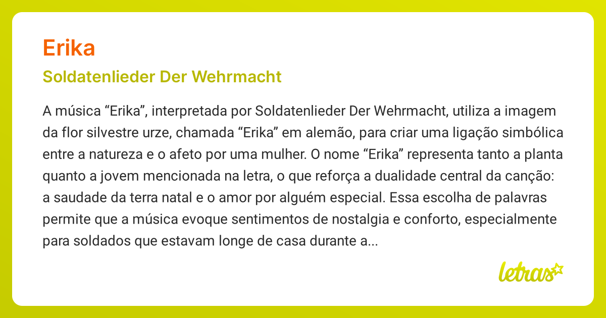 Significado da música ERIKA (Soldatenlieder Der Wehrmacht) - LETRAS.MUS.BR