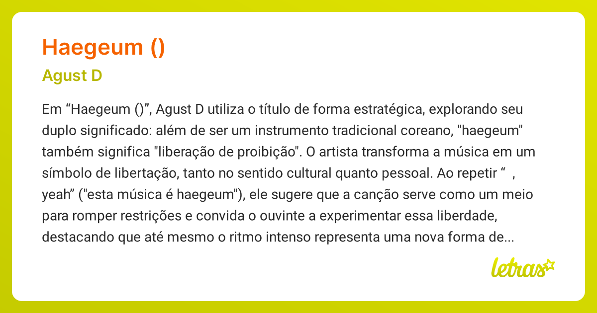 Significado da música HAEGEUM (해금) (Agust D) - LETRAS.MUS.BR