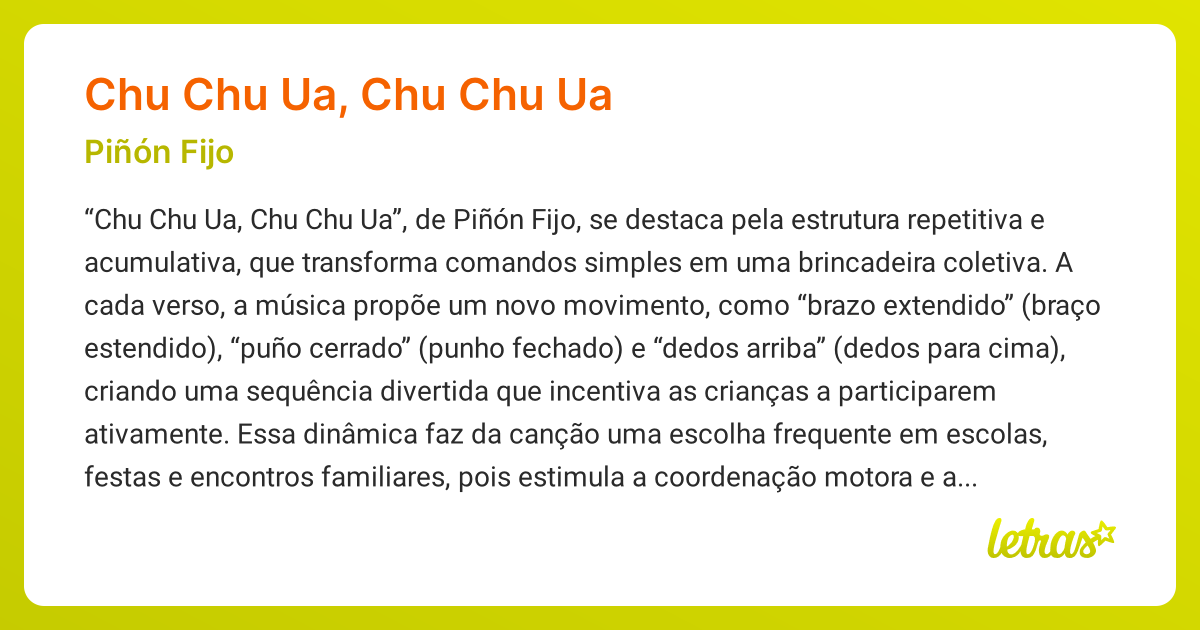 Significado da música CHU CHU UA, CHU CHU UA (Piñón Fijo) - LETRAS.MUS.BR