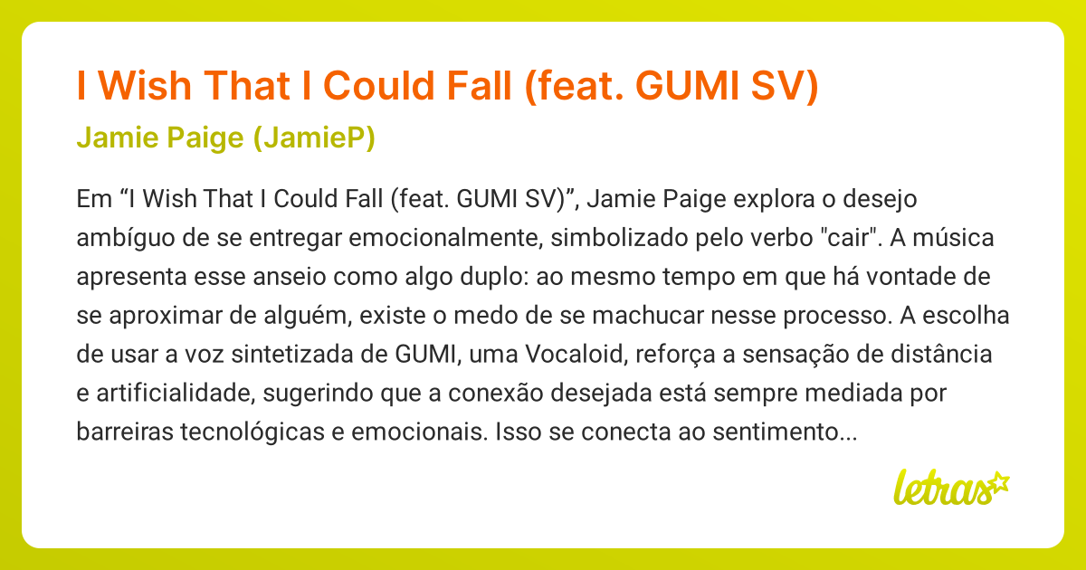 Significado da música I Wish That I Could Fall (feat. GUMI SV) (Jamie ...