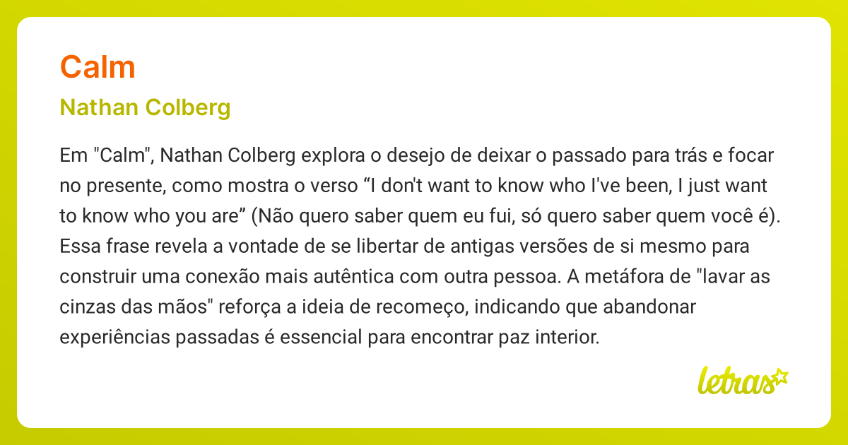Significado da música CALM (Nathan Colberg) - LETRAS.MUS.BR