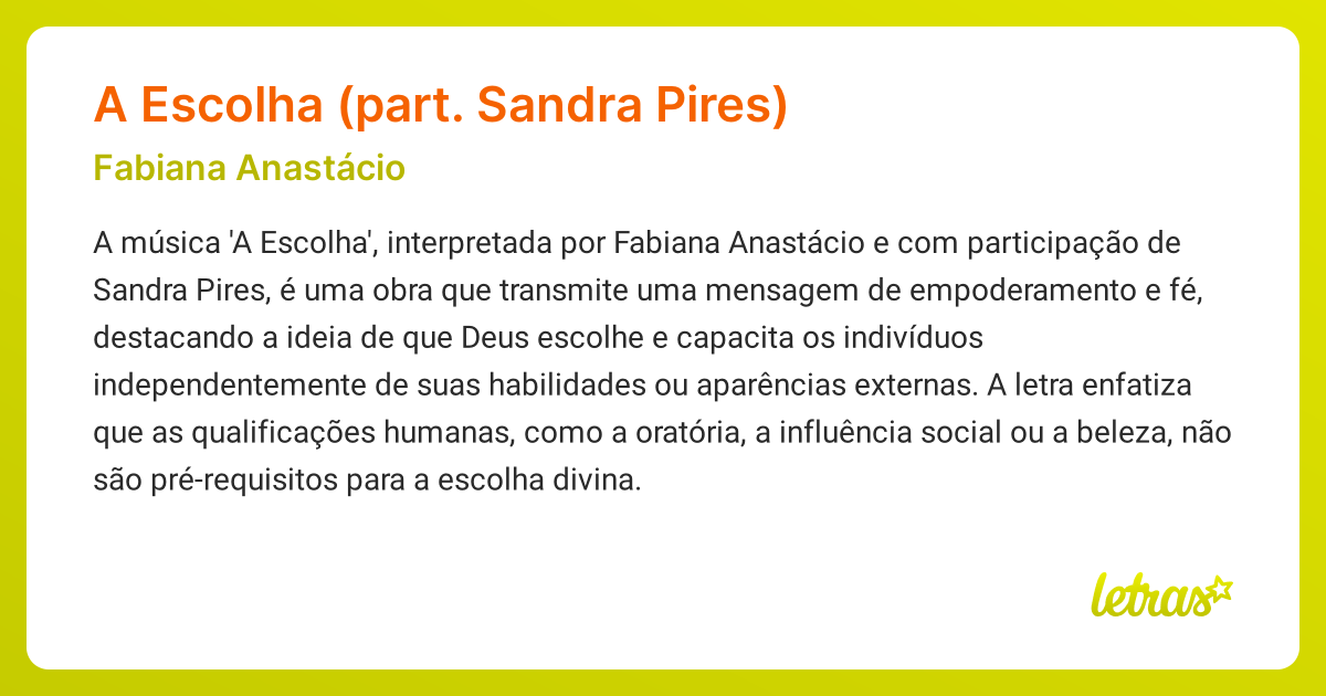 Significado da música A ESCOLHA (PART. SANDRA PIRES) (Fabiana Anastácio ...