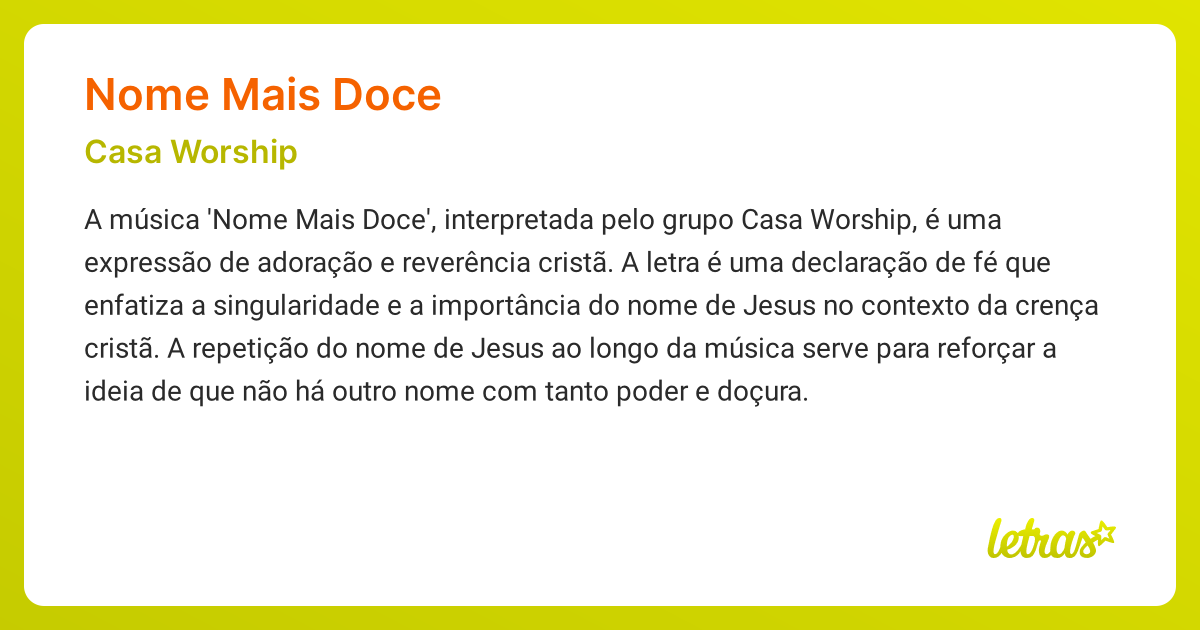 Significado da música NOME MAIS DOCE (Casa Worship) - LETRAS.MUS.BR