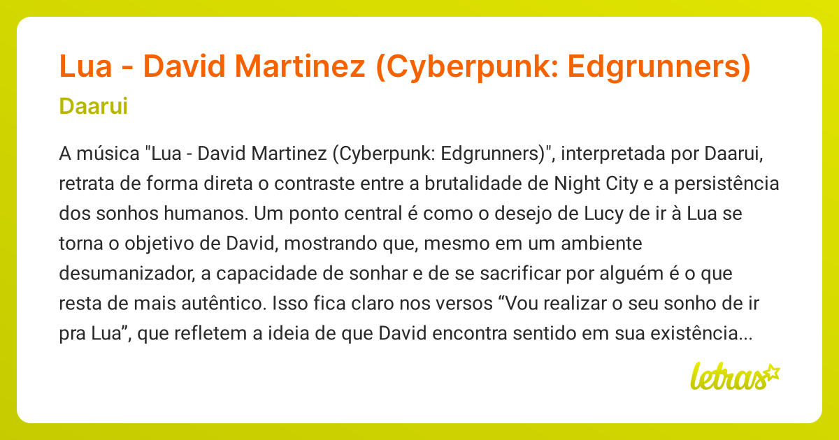 Significado da música Lua - David Martinez (Cyberpunk: Edgrunners ...