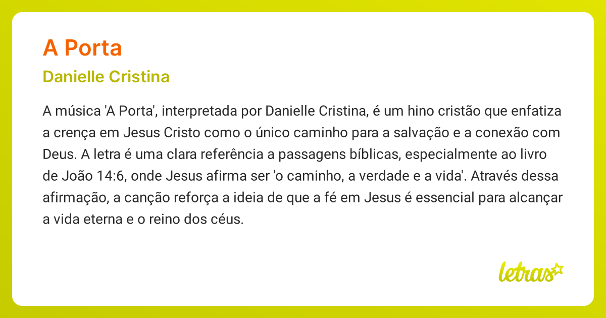 Significado da música A PORTA (Danielle Cristina) - LETRAS.MUS.BR