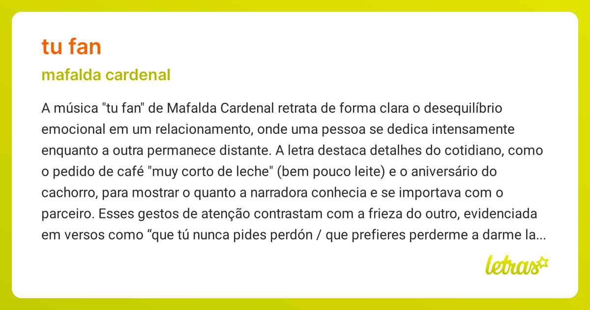 Significado da música TU FAN (Mafalda Cardenal) - LETRAS.MUS.BR