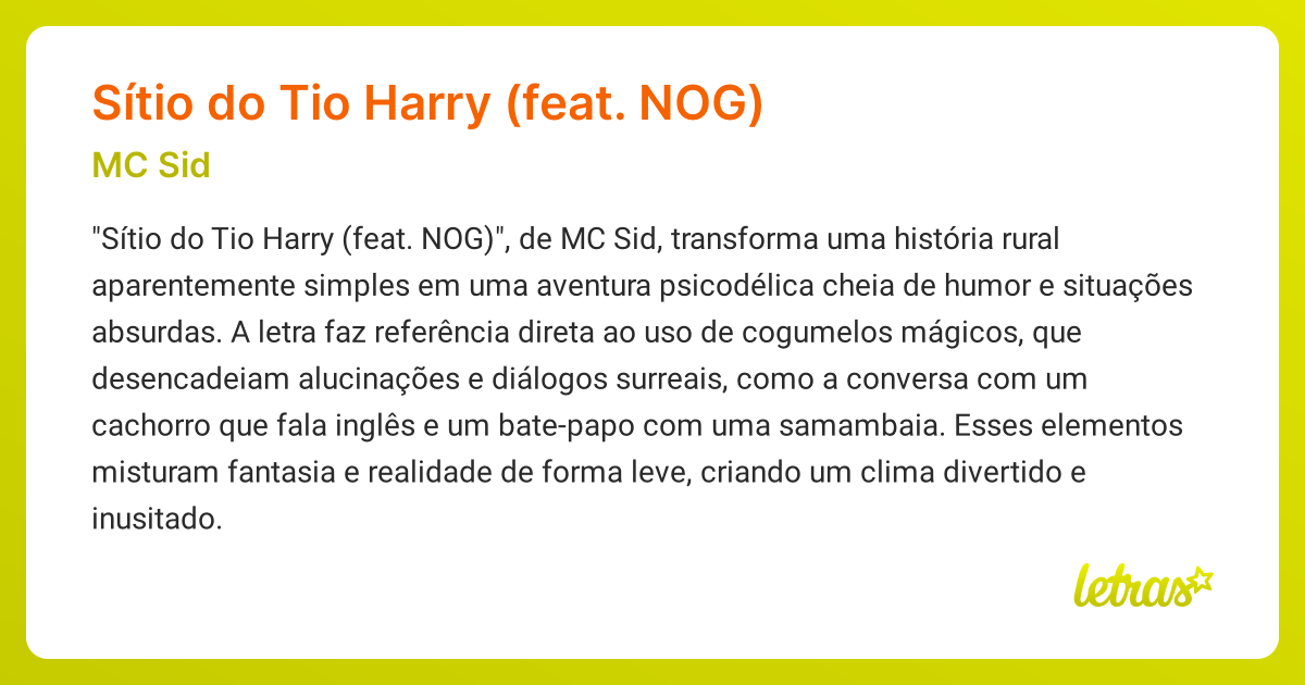 Significado da música Sítio do Tio Harry (feat. NOG) (MC Sid) - LETRAS ...