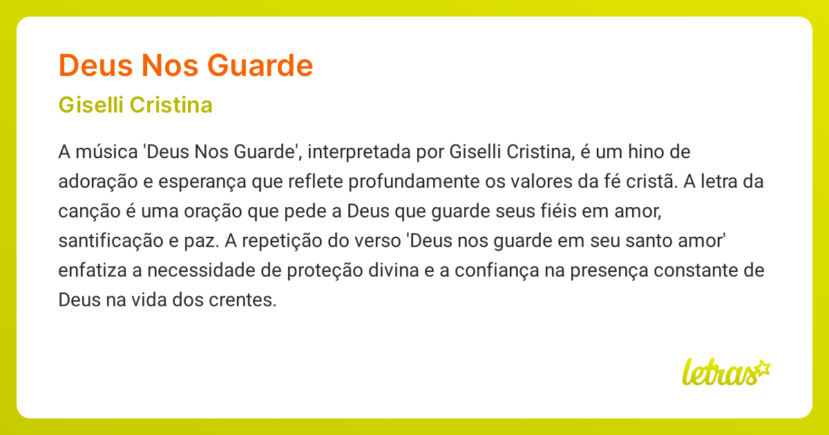 Significado da música DEUS NOS GUARDE (Giselli Cristina) - LETRAS.MUS.BR
