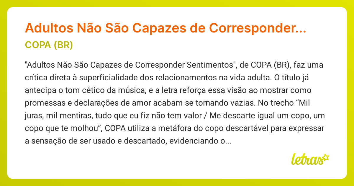 Significado da música Adultos Não São Capazes de Corresponder ...