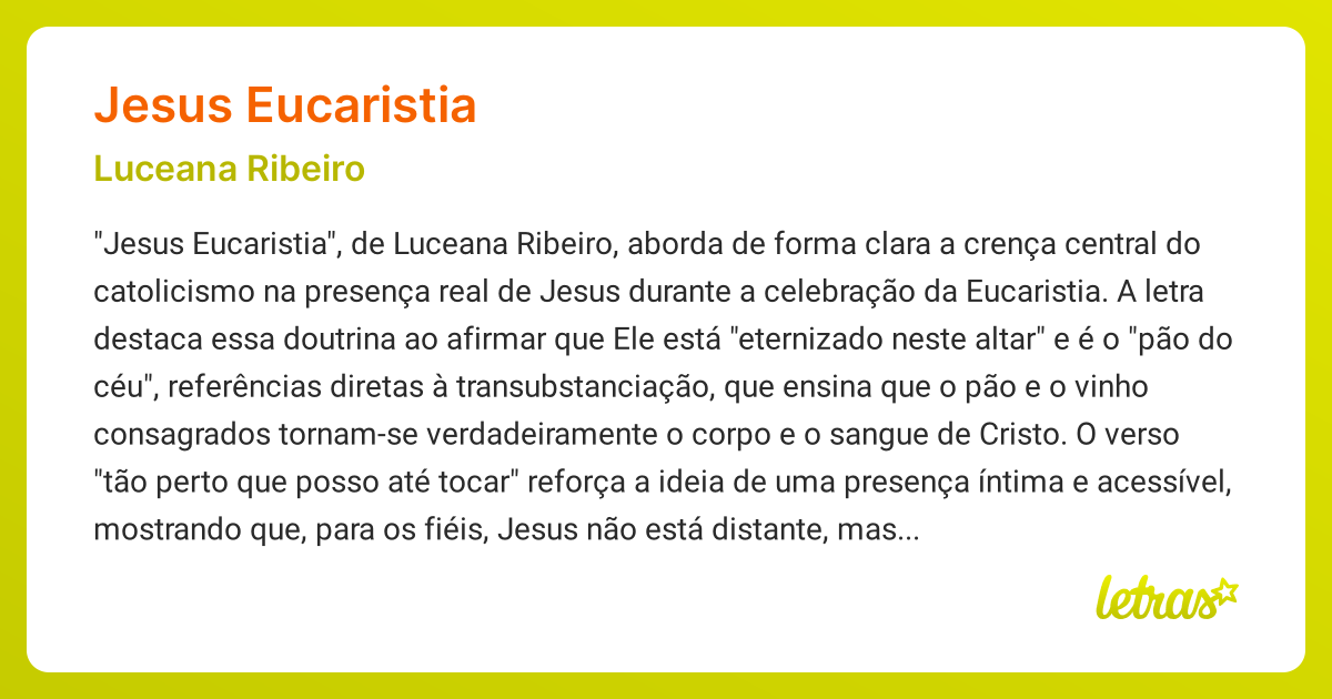Significado da música JESUS EUCARISTIA (Luceana Ribeiro) - LETRAS.MUS.BR