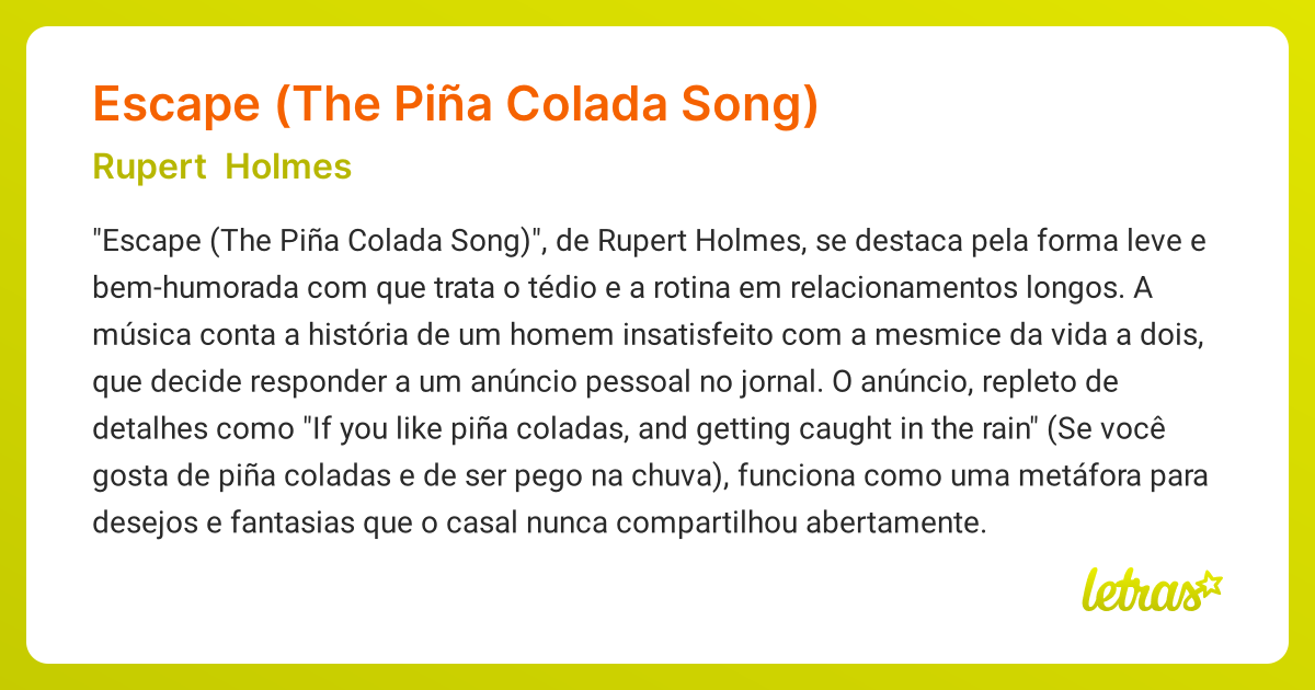 Significado da música ESCAPE (THE PIÑA COLADA SONG) (Rupert Holmes