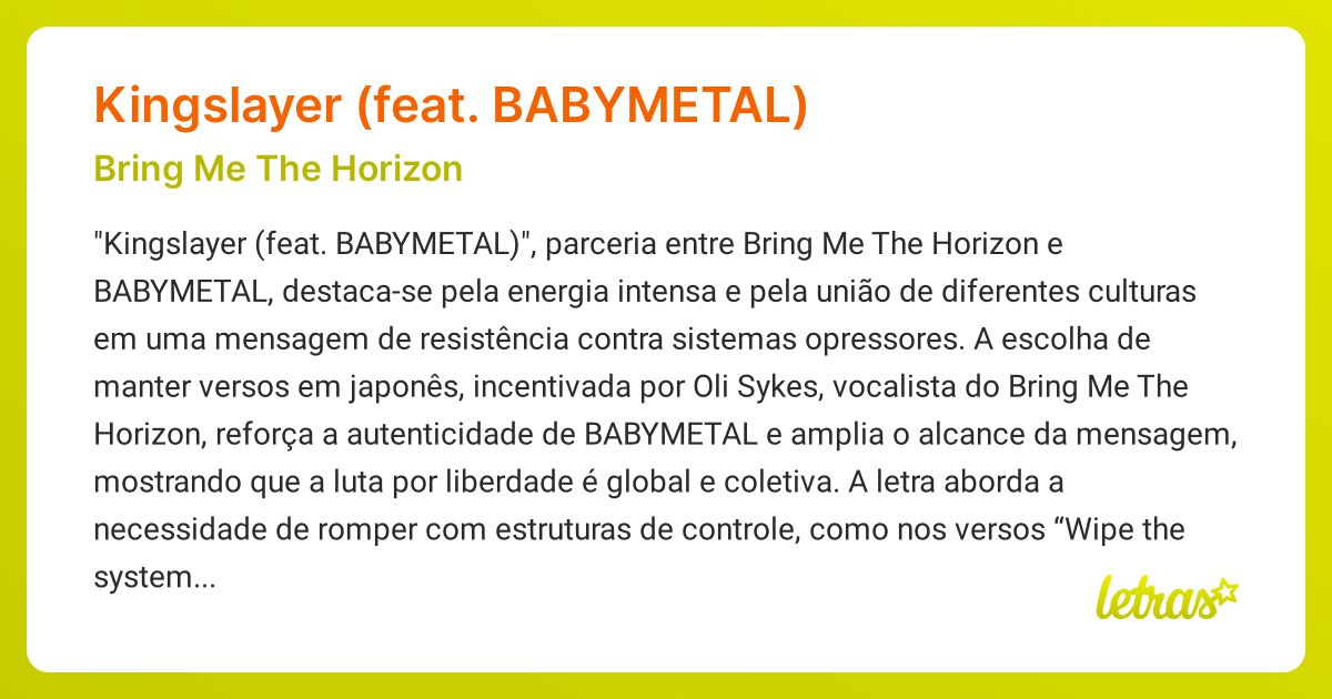 Significado da música KINGSLAYER (FEAT. BABYMETAL) (Bring Me The ...