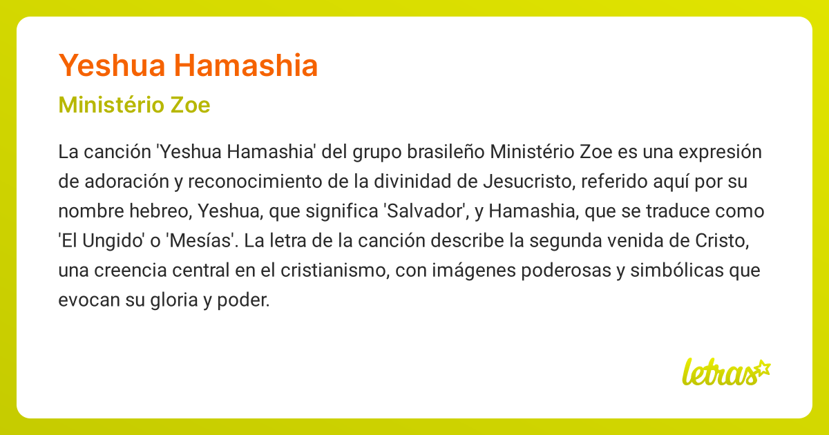 Significado de la canción YESHUA HAMASHIA (Ministério Zoe) - LETRAS.COM