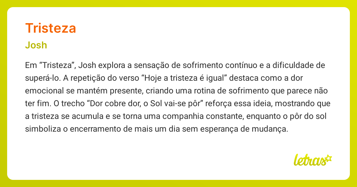 Significado da música TRISTEZA (Josh) - LETRAS.MUS.BR