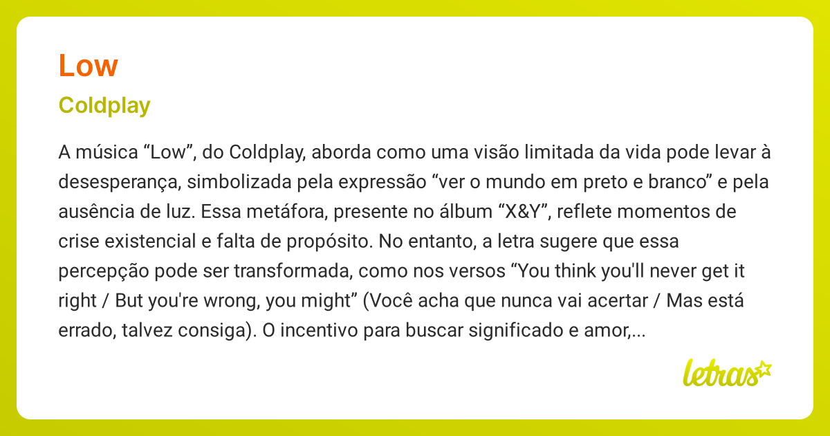 Significado da música LOW (Coldplay) - LETRAS.MUS.BR