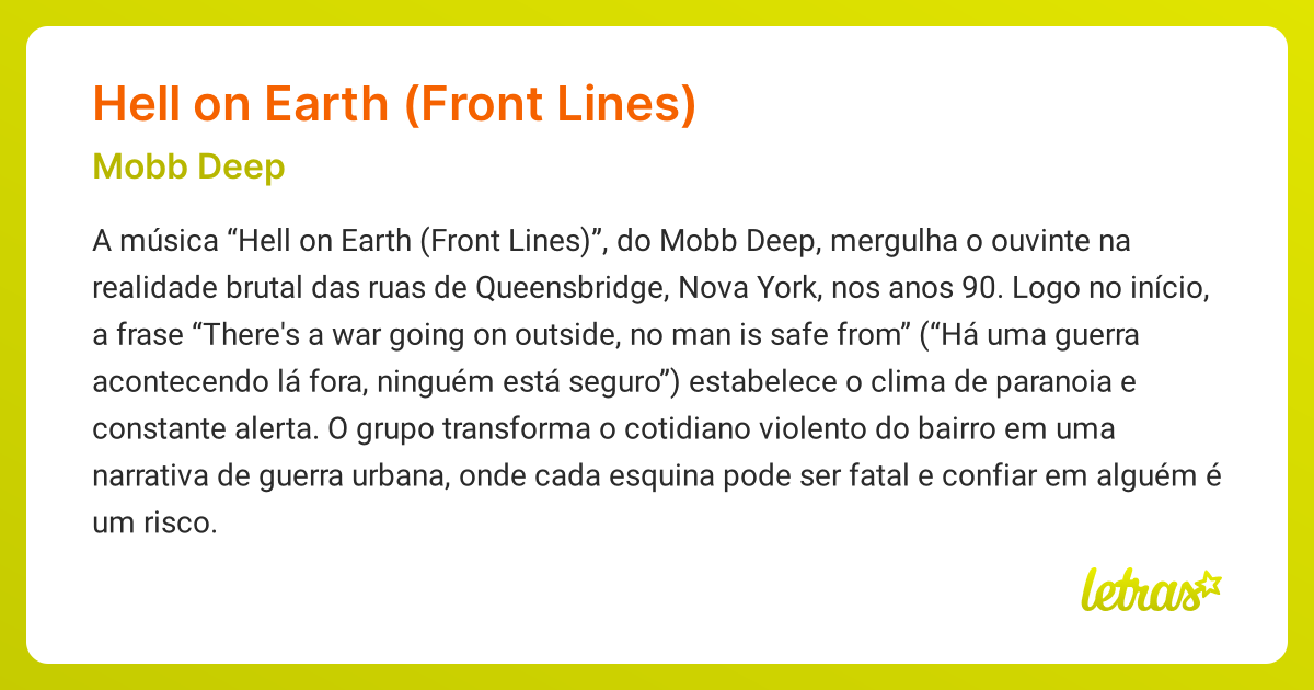 Significado da música HELL ON EARTH (FRONT LINES) (Mobb Deep