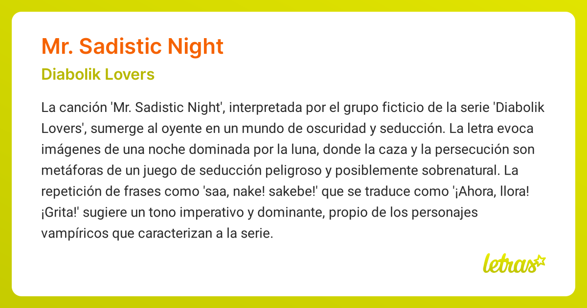 Significado de la canción MR. SADISTIC NIGHT (Diabolik Lovers) - LETRAS.COM