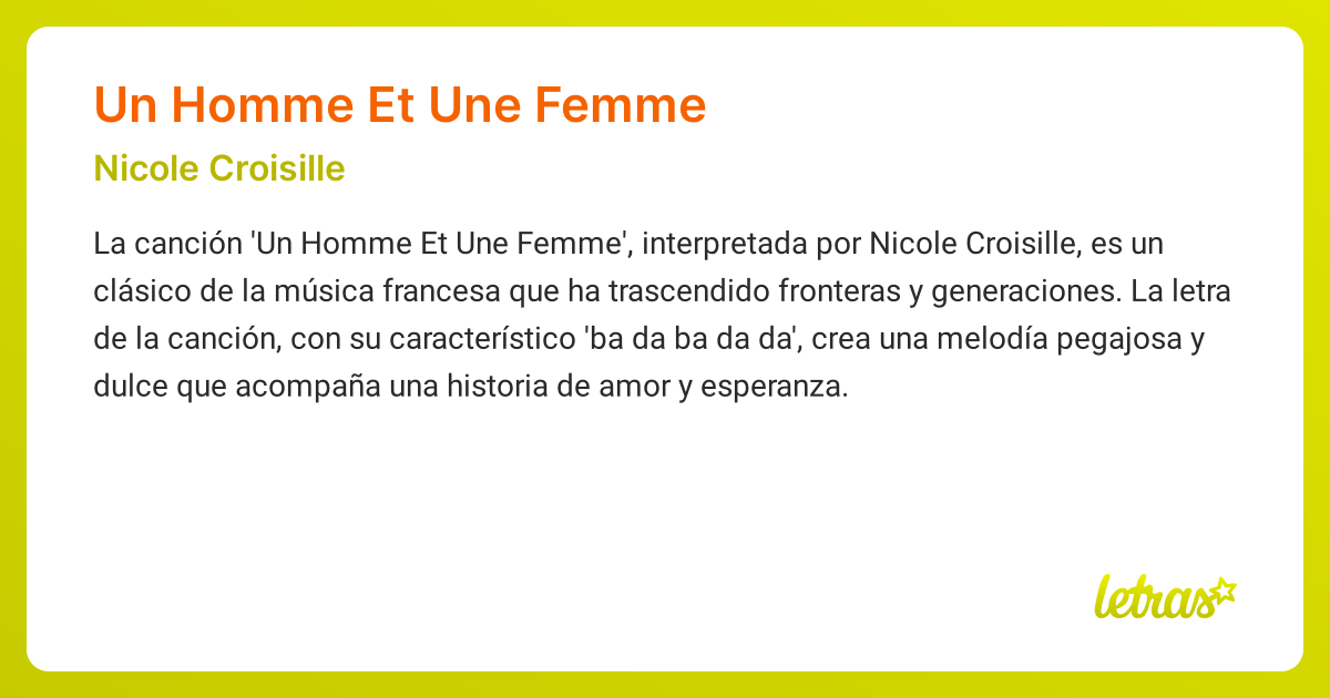 Significado de la canción UN HOMME ET UNE FEMME (Nicole Croisille ...