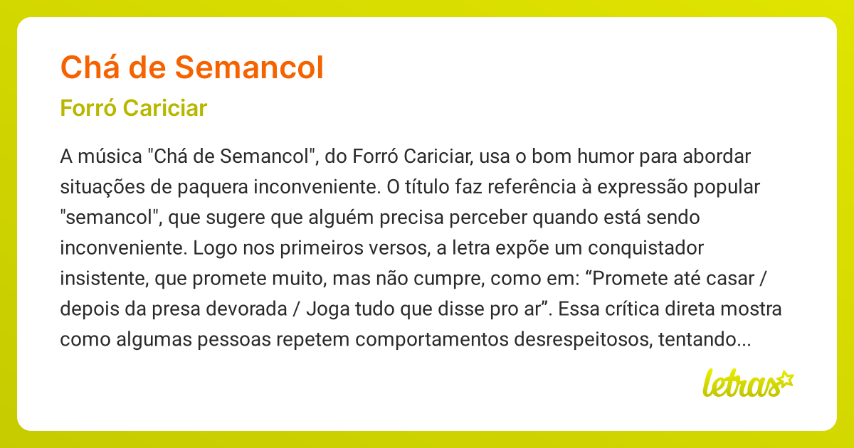 Significado da música CHÁ DE SEMANCOL (Forró Cariciar) - LETRAS.MUS.BR