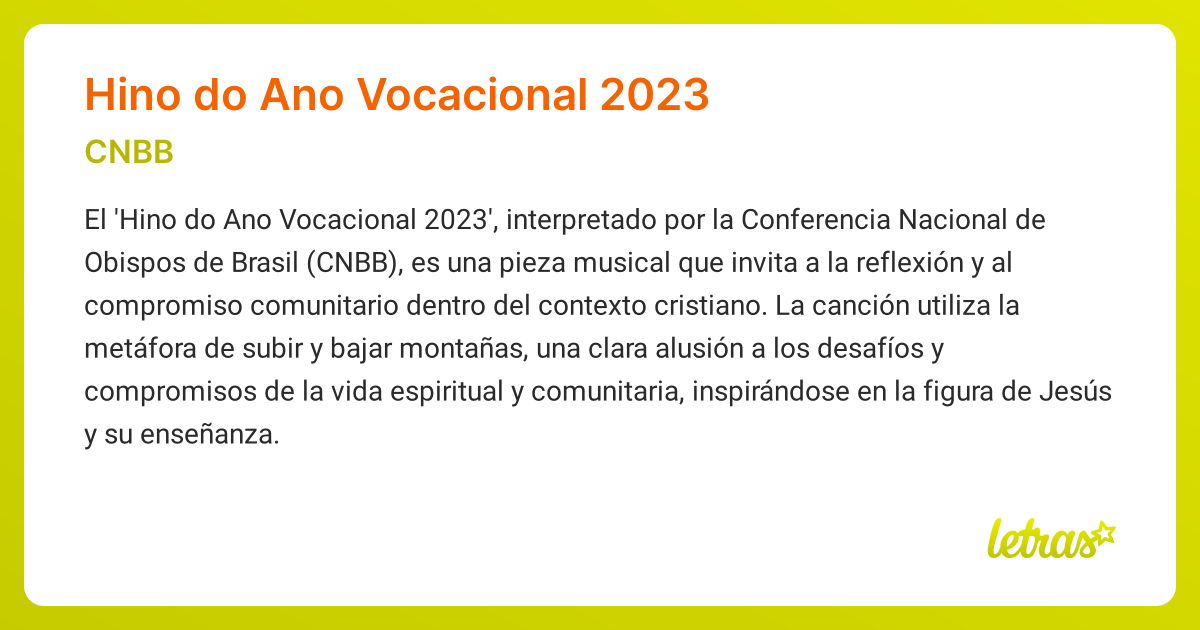 Significado de la canción HINO DO ANO VOCACIONAL 2023 (CNBB) - LETRAS.COM