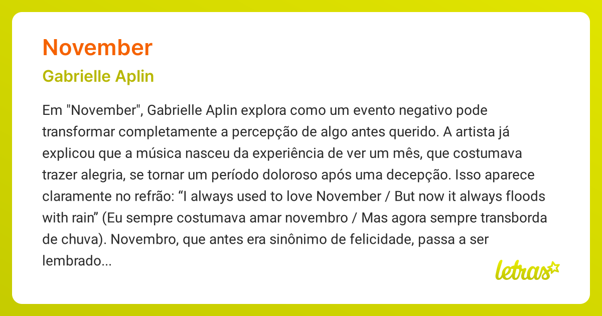 Significado da música NOVEMBER (Gabrielle Aplin) - LETRAS.MUS.BR