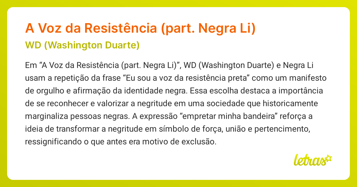 Significado da música A Voz da Resistência (part. Negra Li) (WD ...