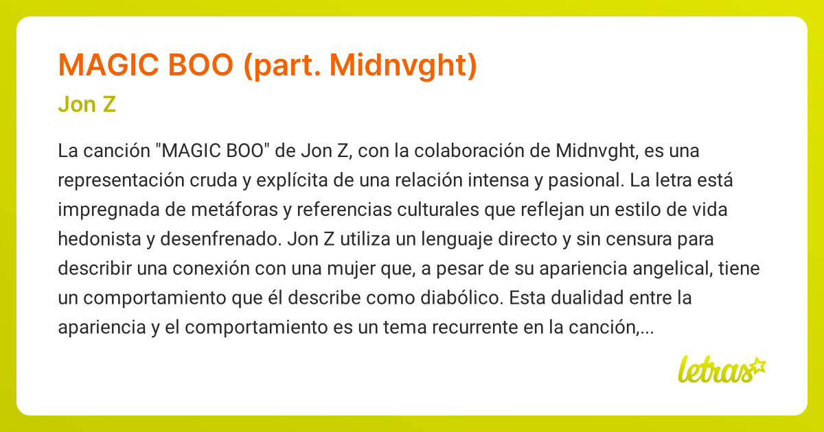 Significado de la canción MAGIC BOO (PART. MIDNVGHT) (Jon Z) - LETRAS.COM