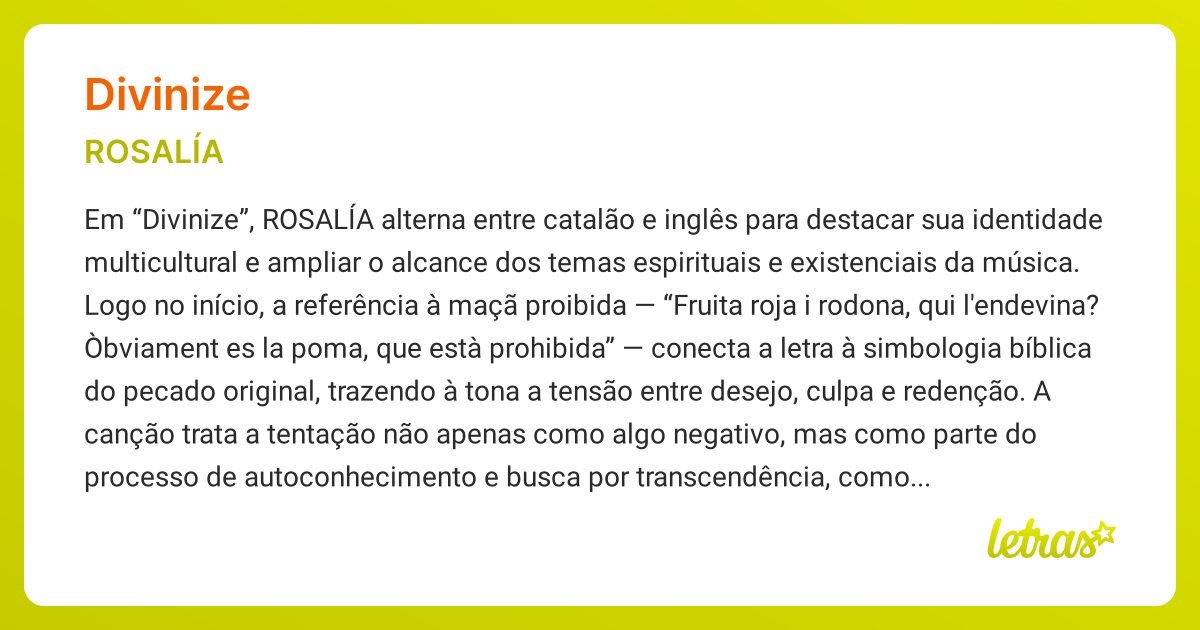 Significado da música DIVINIZE (ROSALÍA) - LETRAS.MUS.BR