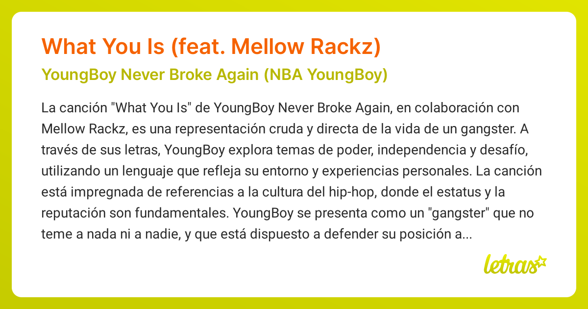 Significado de la canción What You Is (feat. Mellow Rackz) (YoungBoy ...