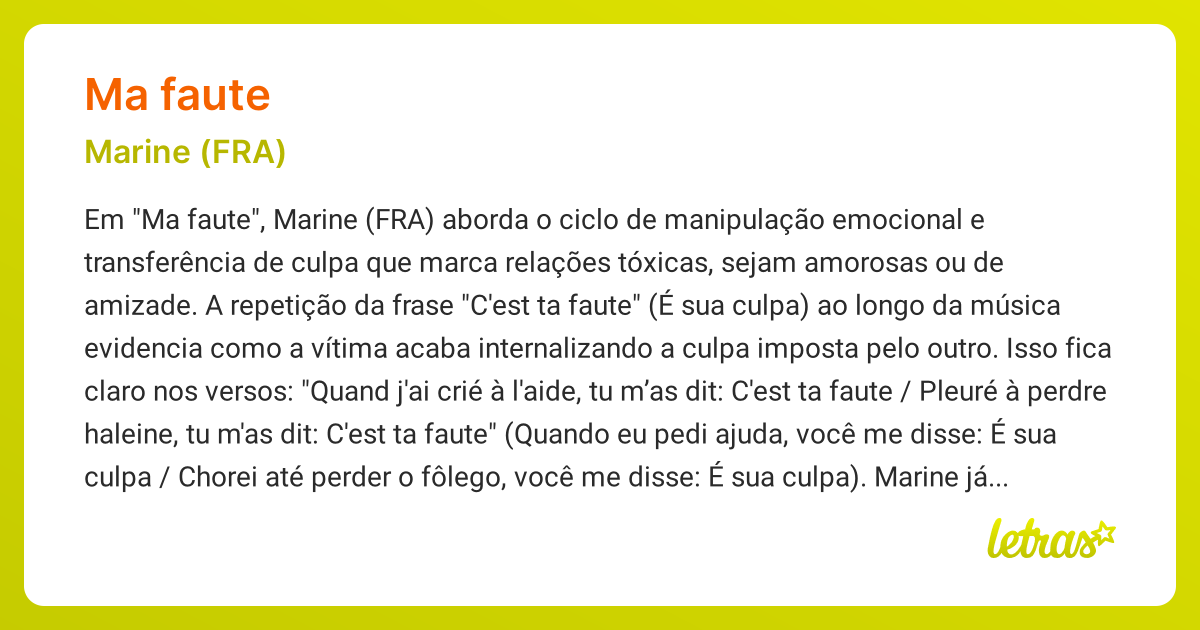 Significado da música MA FAUTE (Marine (FRA)) - LETRAS.MUS.BR