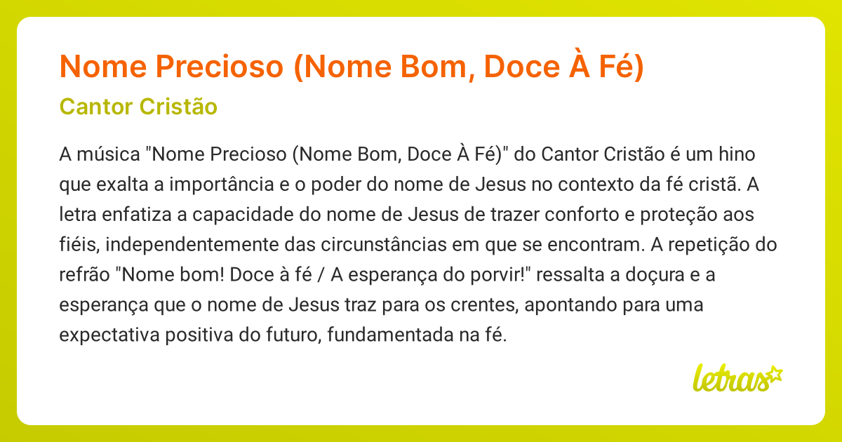 Significado da m sica nome precioso nome bom doce f cantor
