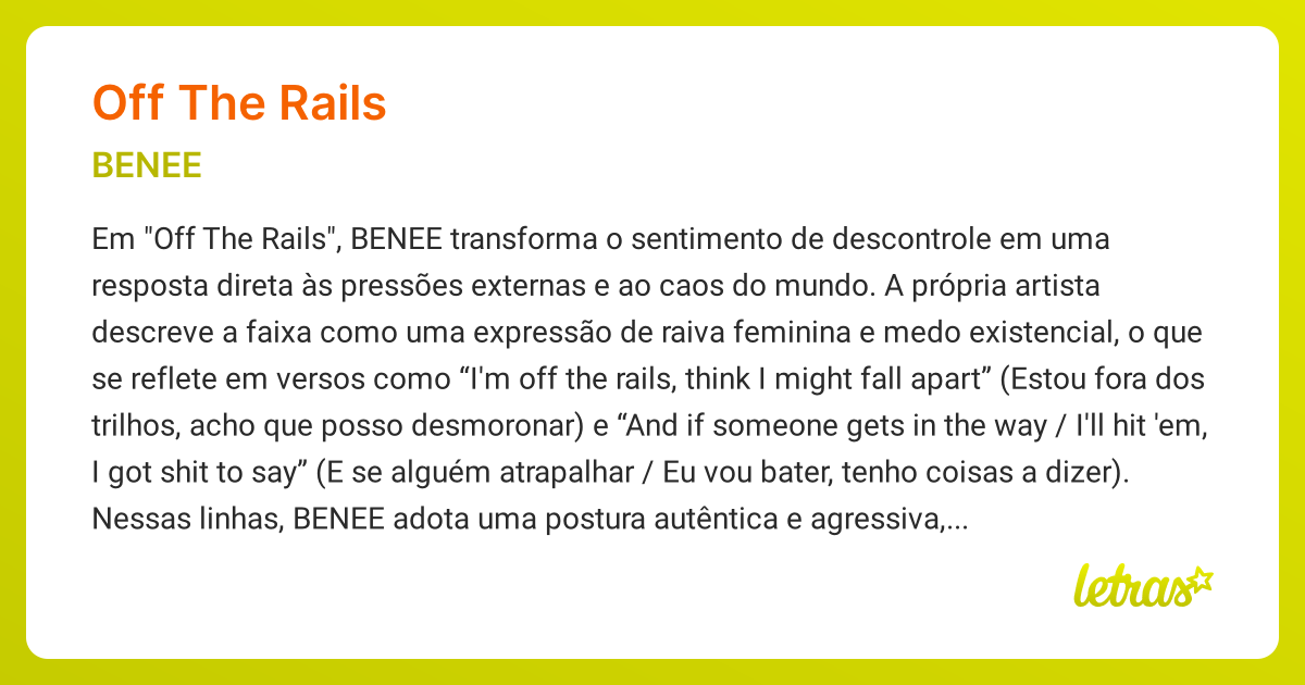 Significado da música OFF THE RAILS (BENEE ) - LETRAS.MUS.BR