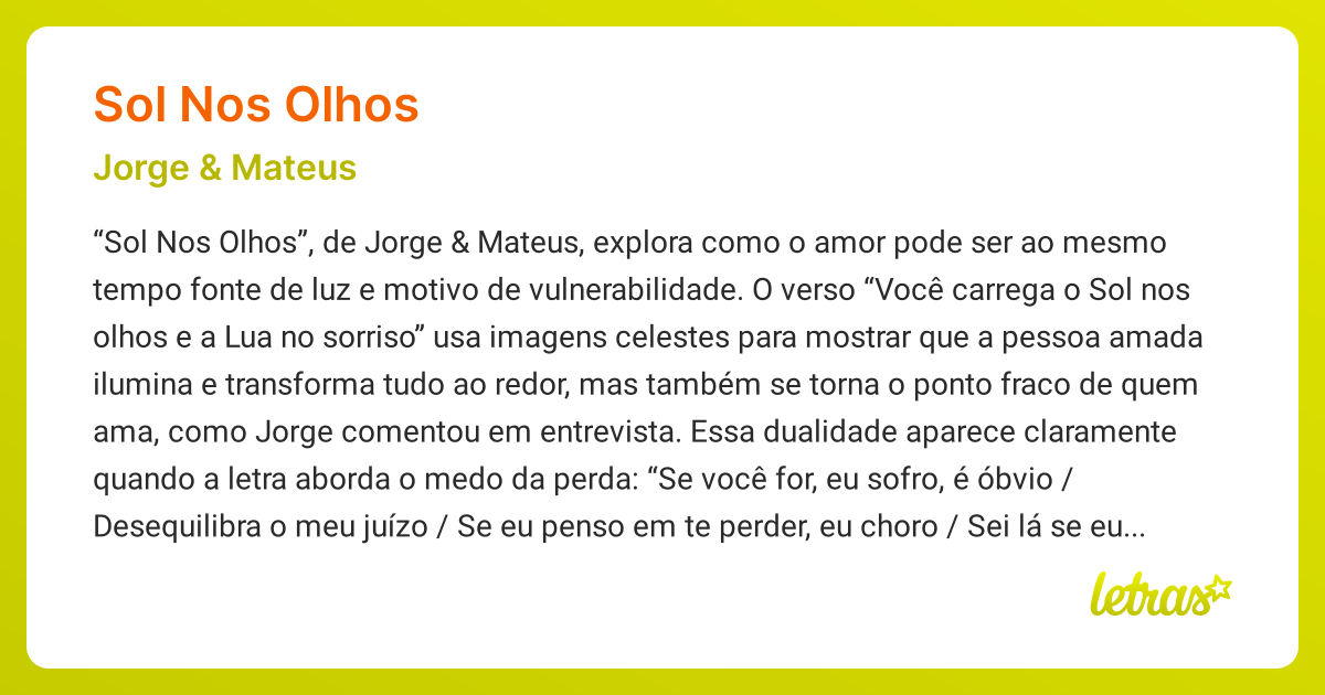Significado da música SOL NOS OLHOS (Jorge & Mateus) - LETRAS.MUS.BR