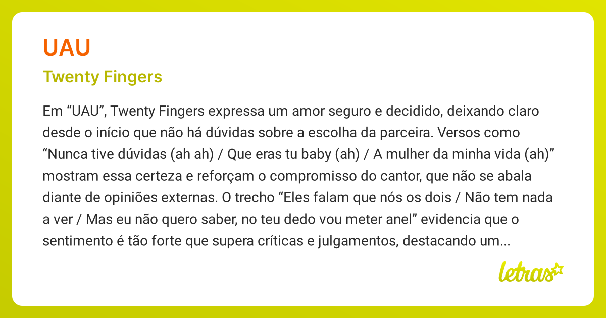 Significado da música UAU (Twenty Fingers) - LETRAS.MUS.BR