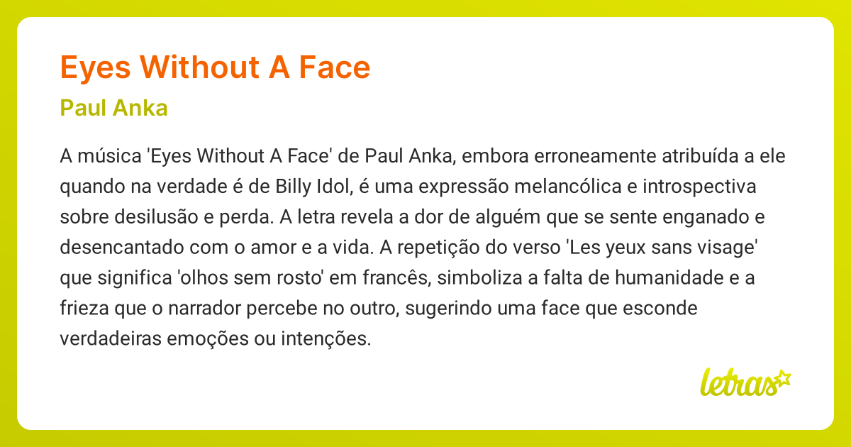 Significado da música EYES WITHOUT A FACE (Paul Anka) LETRAS.MUS.BR