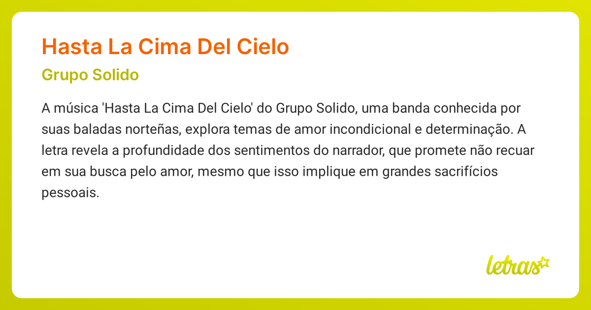 Significado da música HASTA LA CIMA DEL CIELO (Grupo Solido) LETRAS