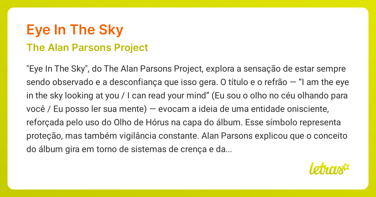 Significado da música EYE IN THE SKY (The Alan Parsons Project