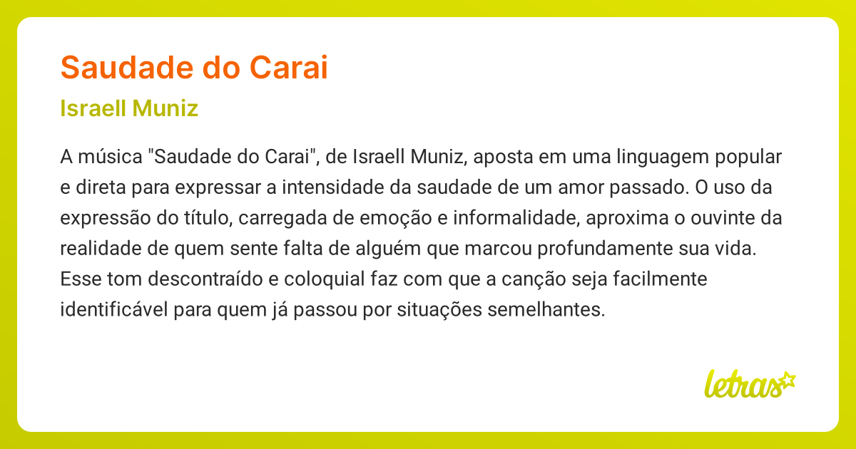 Significado da música SAUDADE DO CARAI (Israell Muniz) - LETRAS.MUS.BR