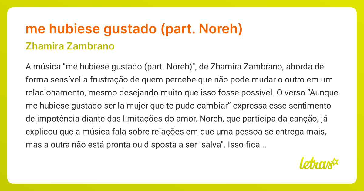 Significado da música me hubiese gustado (part. Noreh) ( Zhamira ...