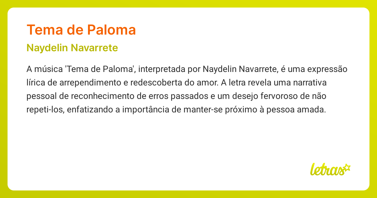 Significado da música TEMA DE PALOMA (Naydelin Navarrete) - LETRAS.MUS.BR