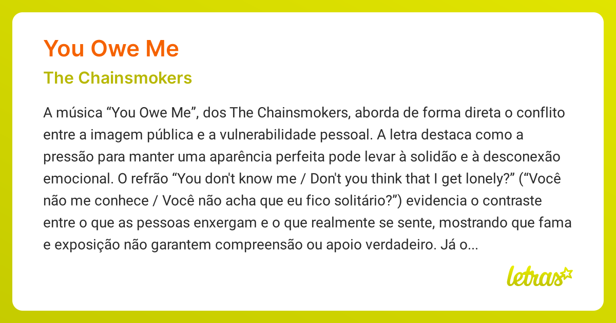Significado da música YOU OWE ME (The Chainsmokers) - LETRAS.MUS.BR