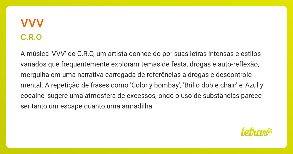 Significado da música VVV (C.R.O ) - LETRAS.MUS.BR